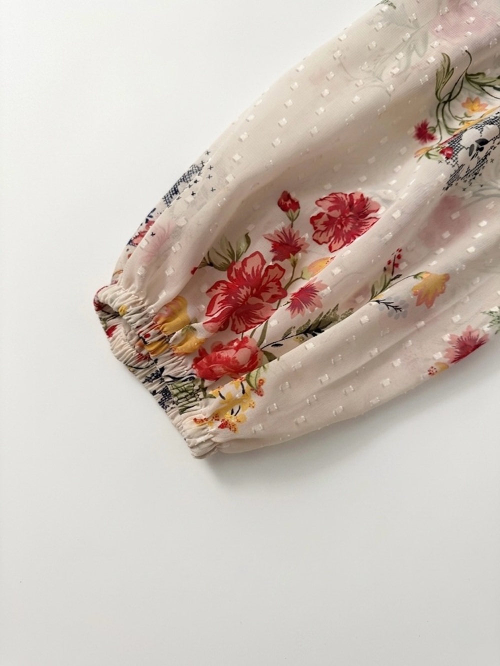 Time and Tru Ivory Floral Tie-Front Peasant Blouse with Red Tassels - Picture 4 of 10
